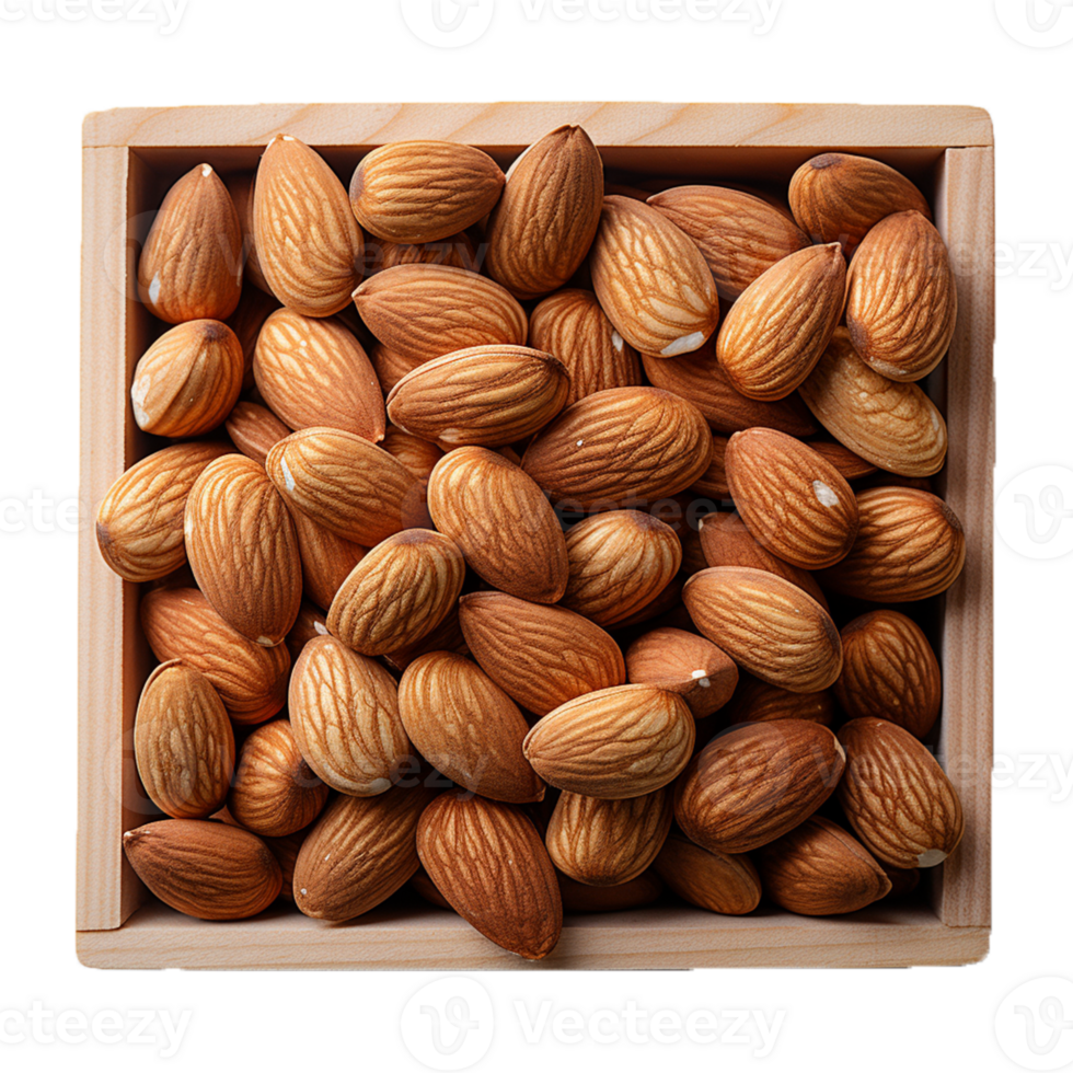 AI Generative Almond Nuts in Square Wooden Bowl on transparent background , AI generative png