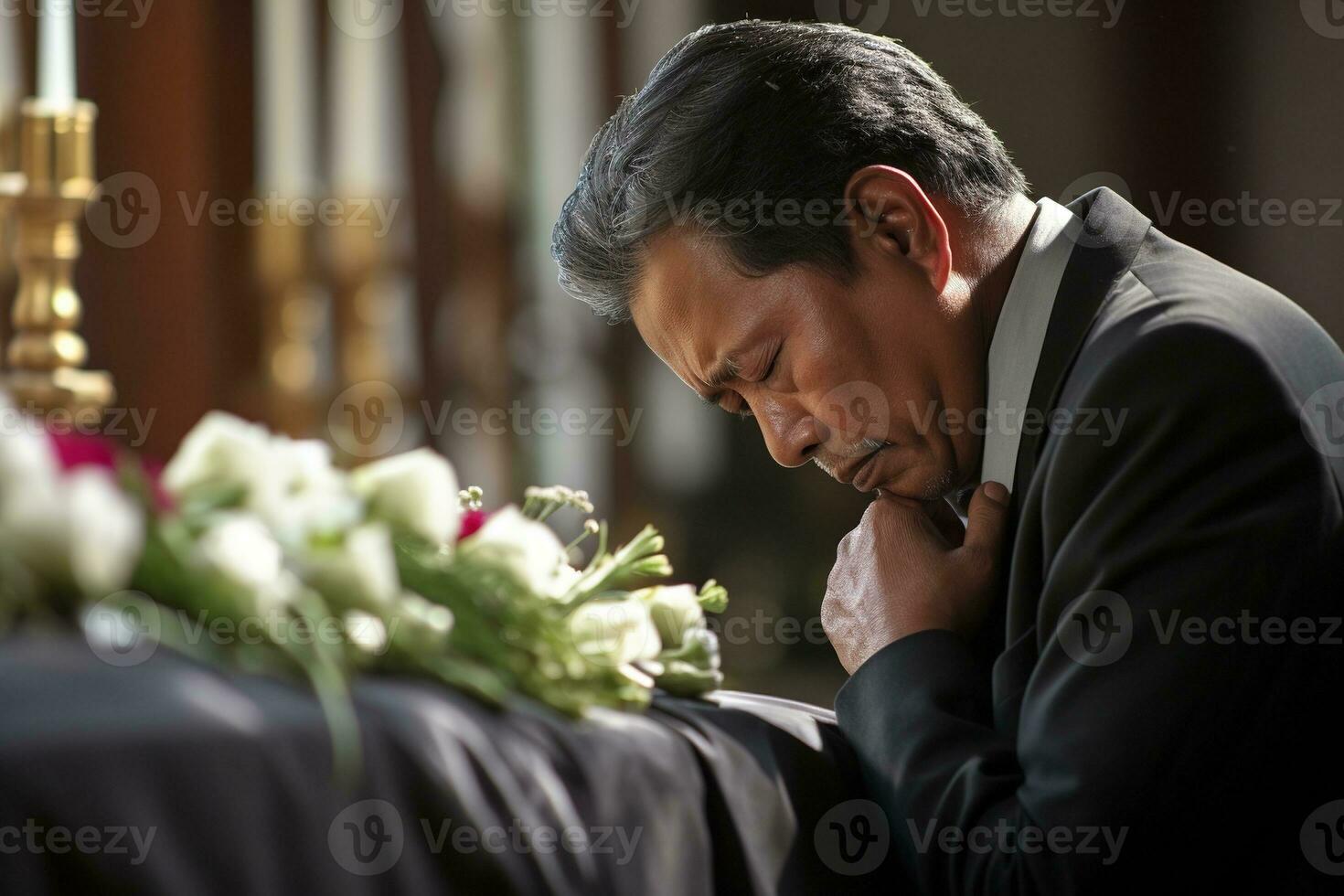 mayor asiático hombre con funeral dolor y flores en Iglesia ai generado foto