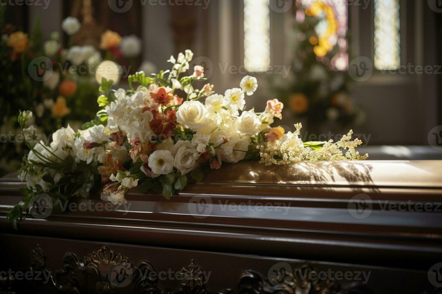 Beautiful flowers in a coffin at a funeral AI generated photo