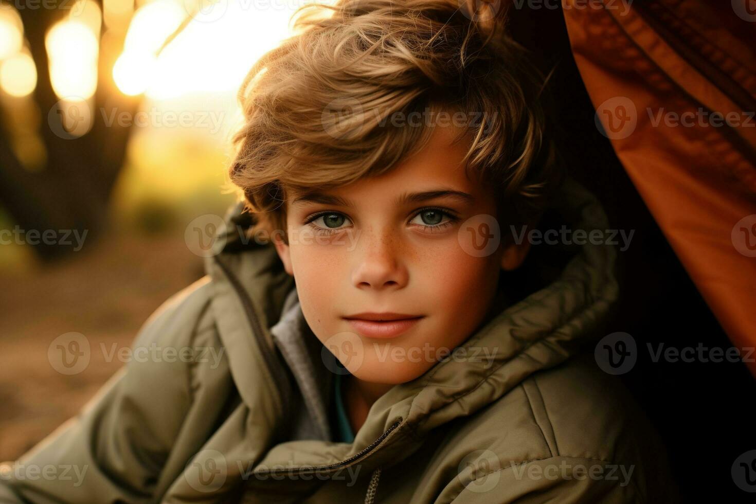Portrait of a cute boy looking at camera while near his tent in nature AI generated photo
