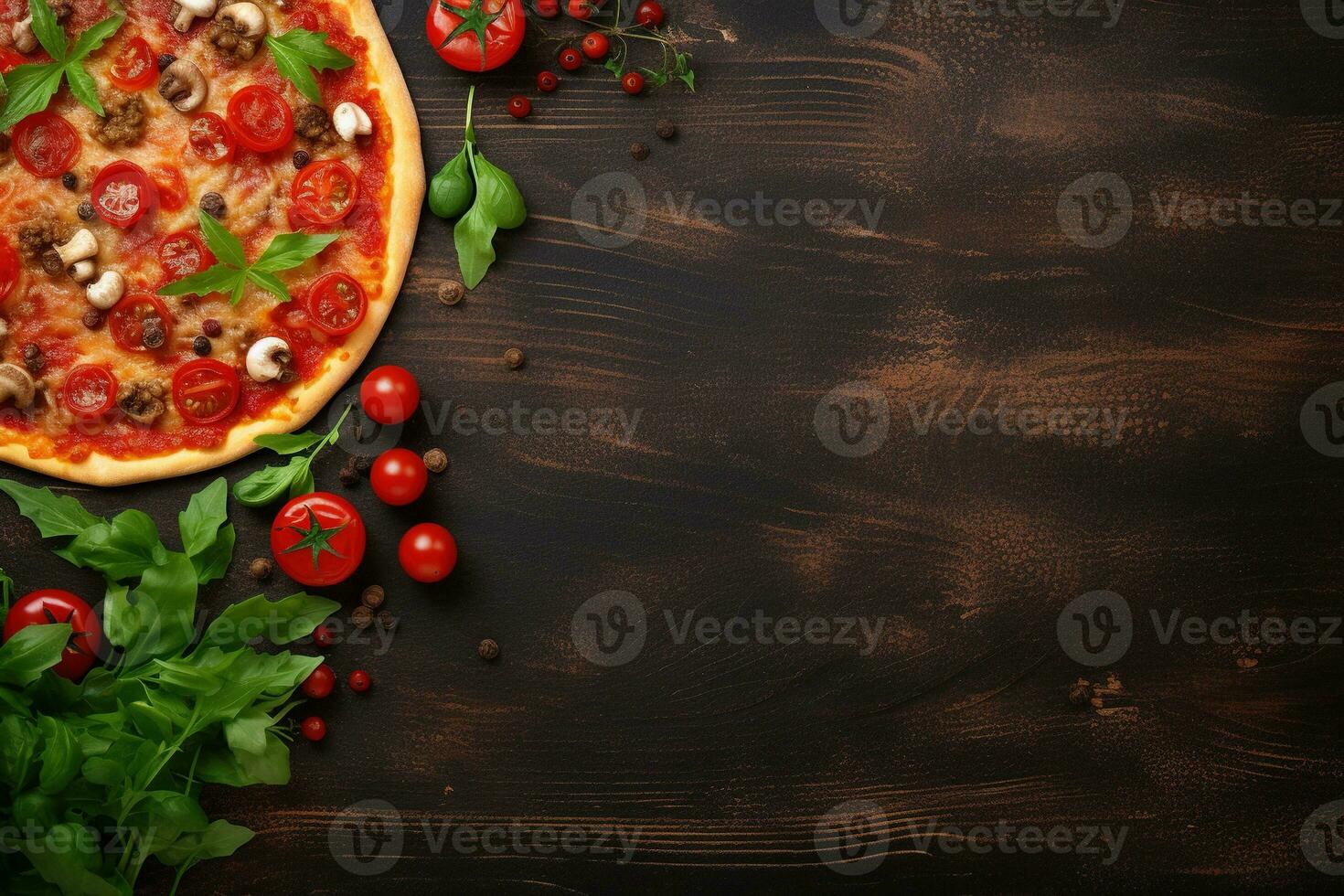 pepperoni Pizza en un oscuro antecedentes. parte superior ver con Copiar espacio. ai generado foto