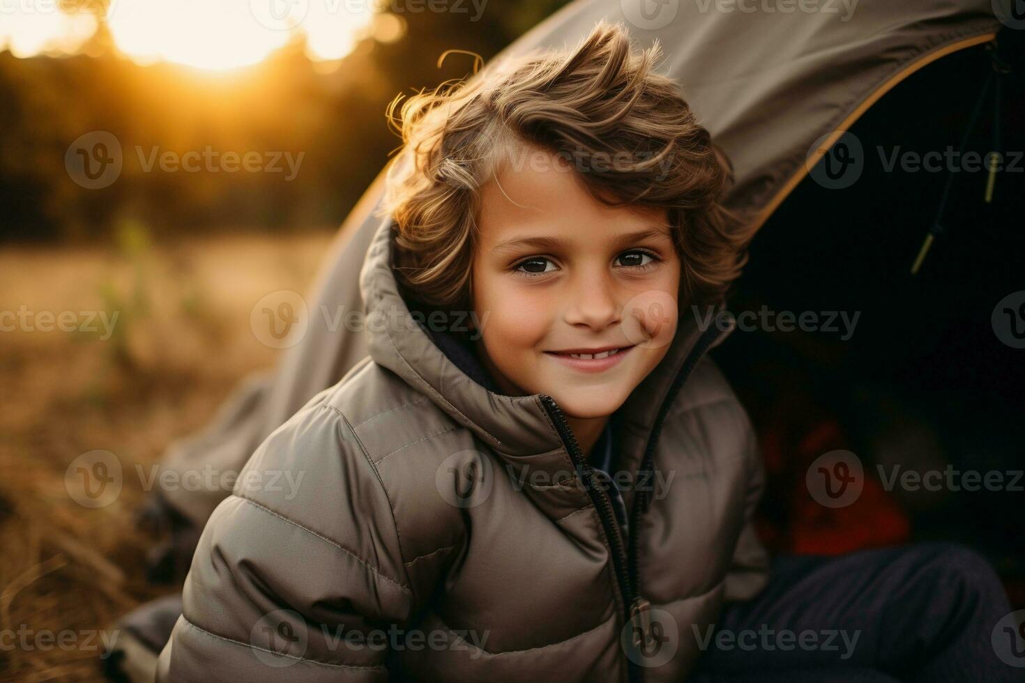 Portrait of a cute boy looking at camera while near his tent in nature AI generated photo