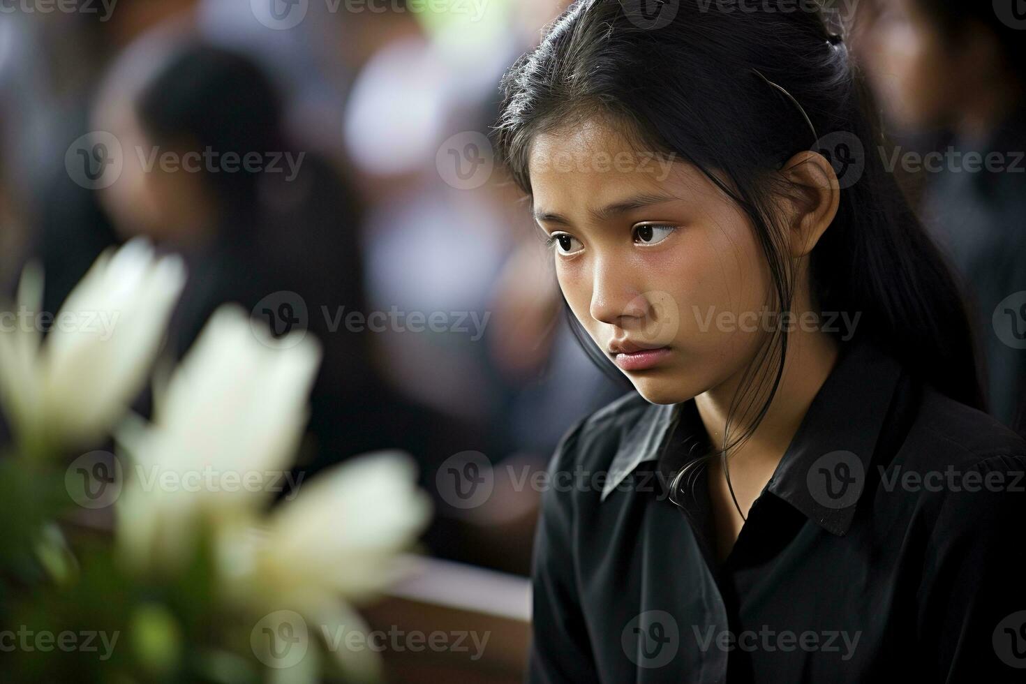 Portrait of a little asian girl with in the cemetery,Funeral Concept AI generated photo