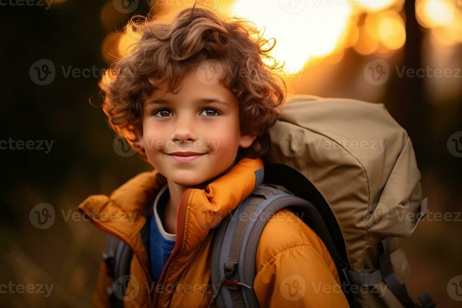 Portrait of a cute boy looking at camera while near his tent in nature AI generated photo