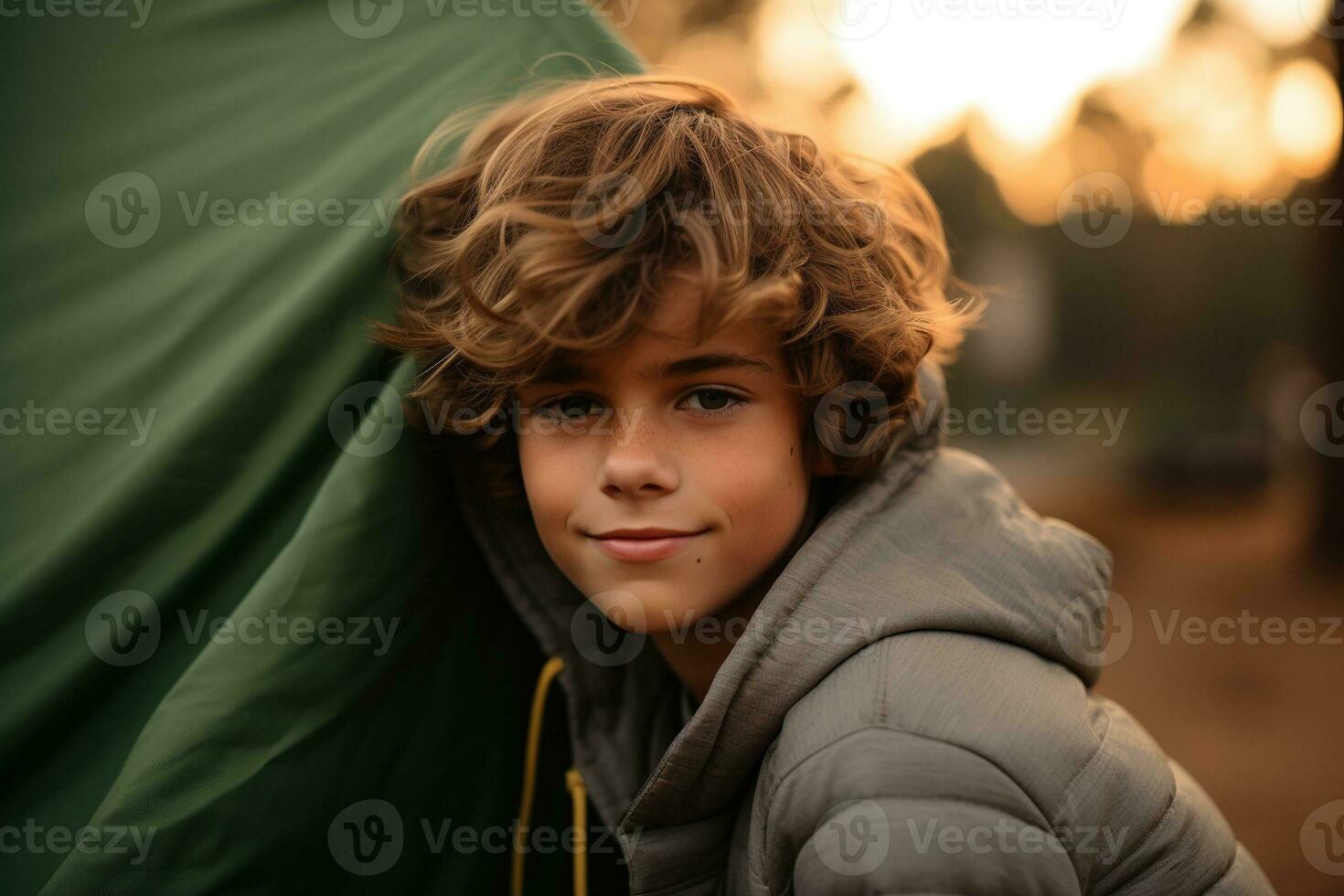 retrato de un linda chico mirando a cámara mientras cerca su tienda en naturaleza ai generado foto