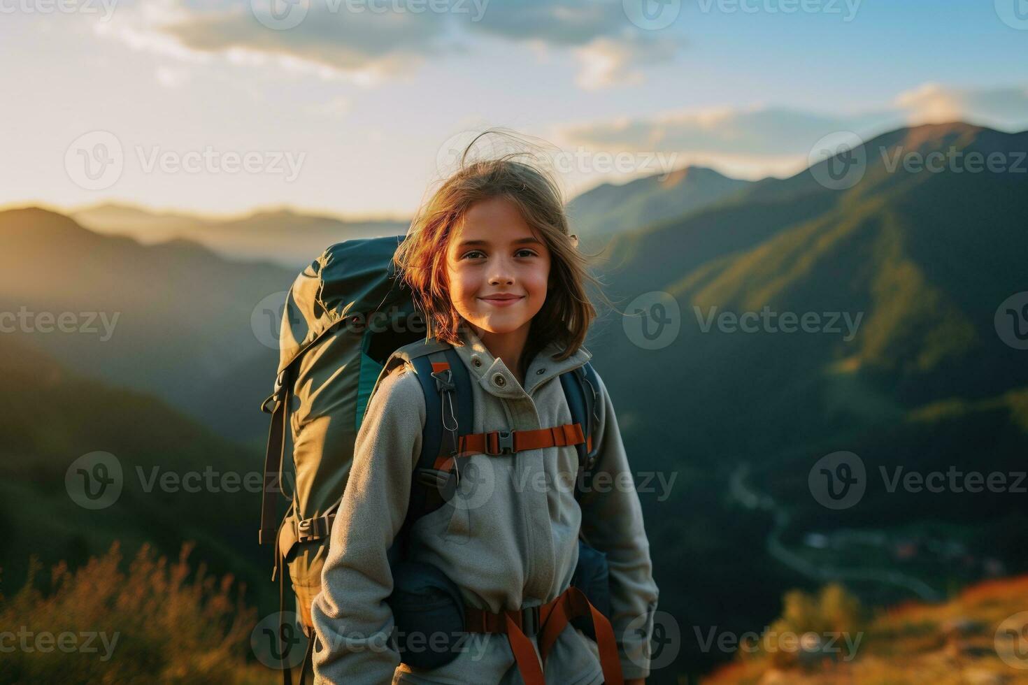 little girl with backpack hiking on mountain peak at sunset, travel and adventure concept AI generated photo