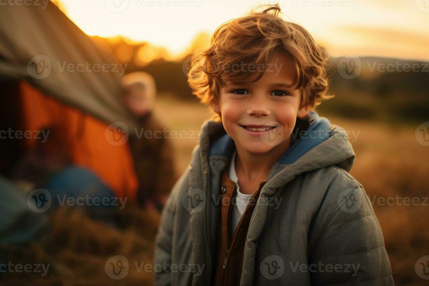 Portrait of a cute boy looking at camera while near his tent in nature AI generated photo