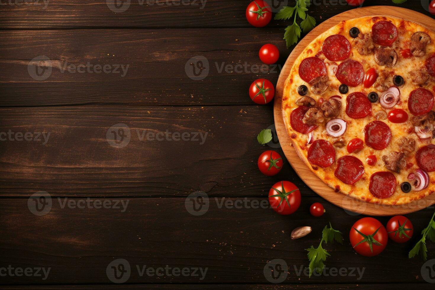 Pepperoni pizza on a Dark background. Top view with copy space. AI generated photo