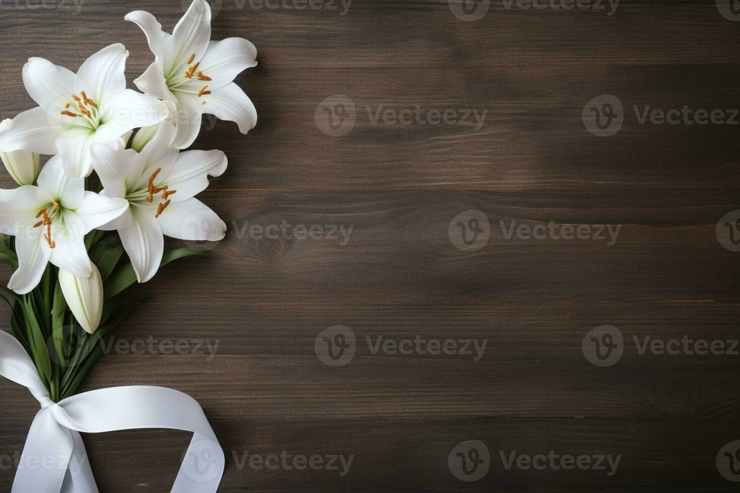 White lily flowers on wooden background. Top view with copy space.Funeral Concept AI generated photo
