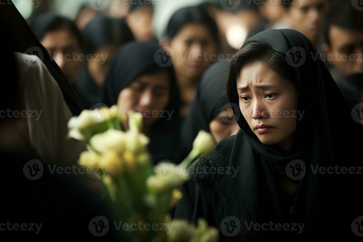Asian woman in mourning at a funeral, shallow depth of field.Funeral Concept AI generated photo