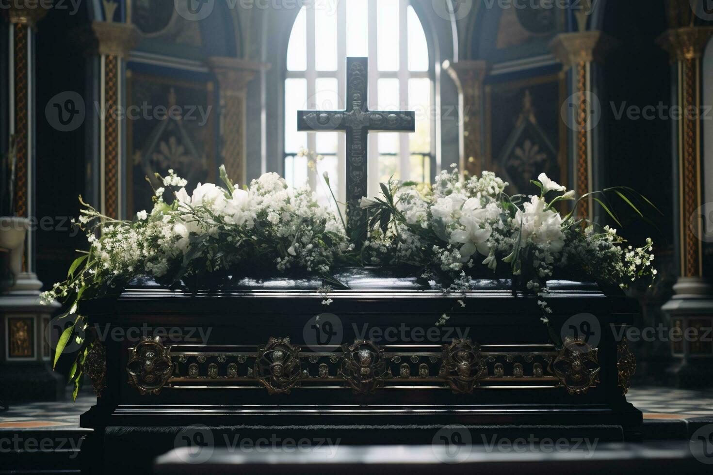closeup shot of a casket in a hearse or chapel before funeral or burial at cemetery AI generated photo