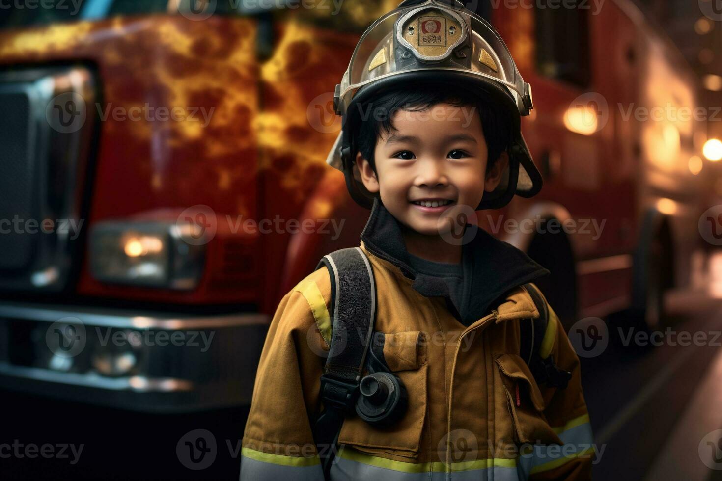 Portrait of cute little boy wearing firefighter uniform in the fire department AI generated photo