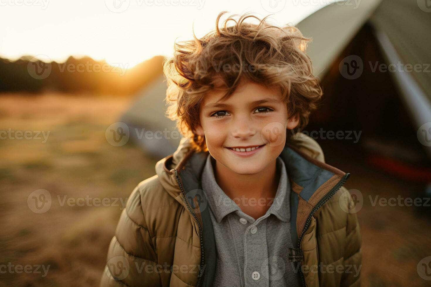 Portrait of a cute boy looking at camera while near his tent in nature AI generated photo