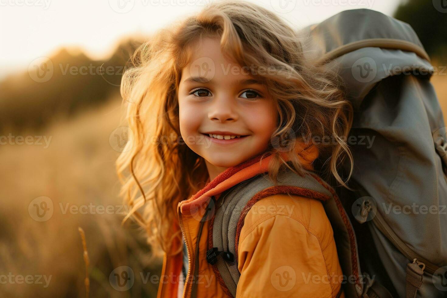 Portrait of cute little girl at camera while standing near camping tent at sunset AI generated photo