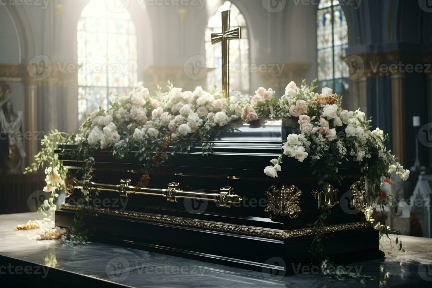 closeup shot of a casket in a hearse or chapel before funeral or burial at cemetery AI generated photo