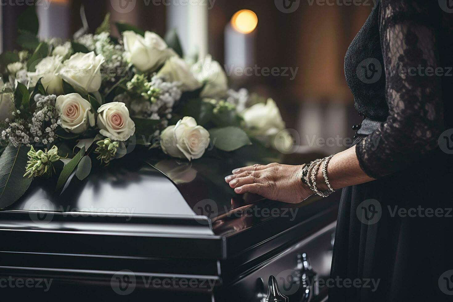 Closeup of a woman's hand placing a bouquet of white roses in a coffin.Funeral Concept AI generated photo