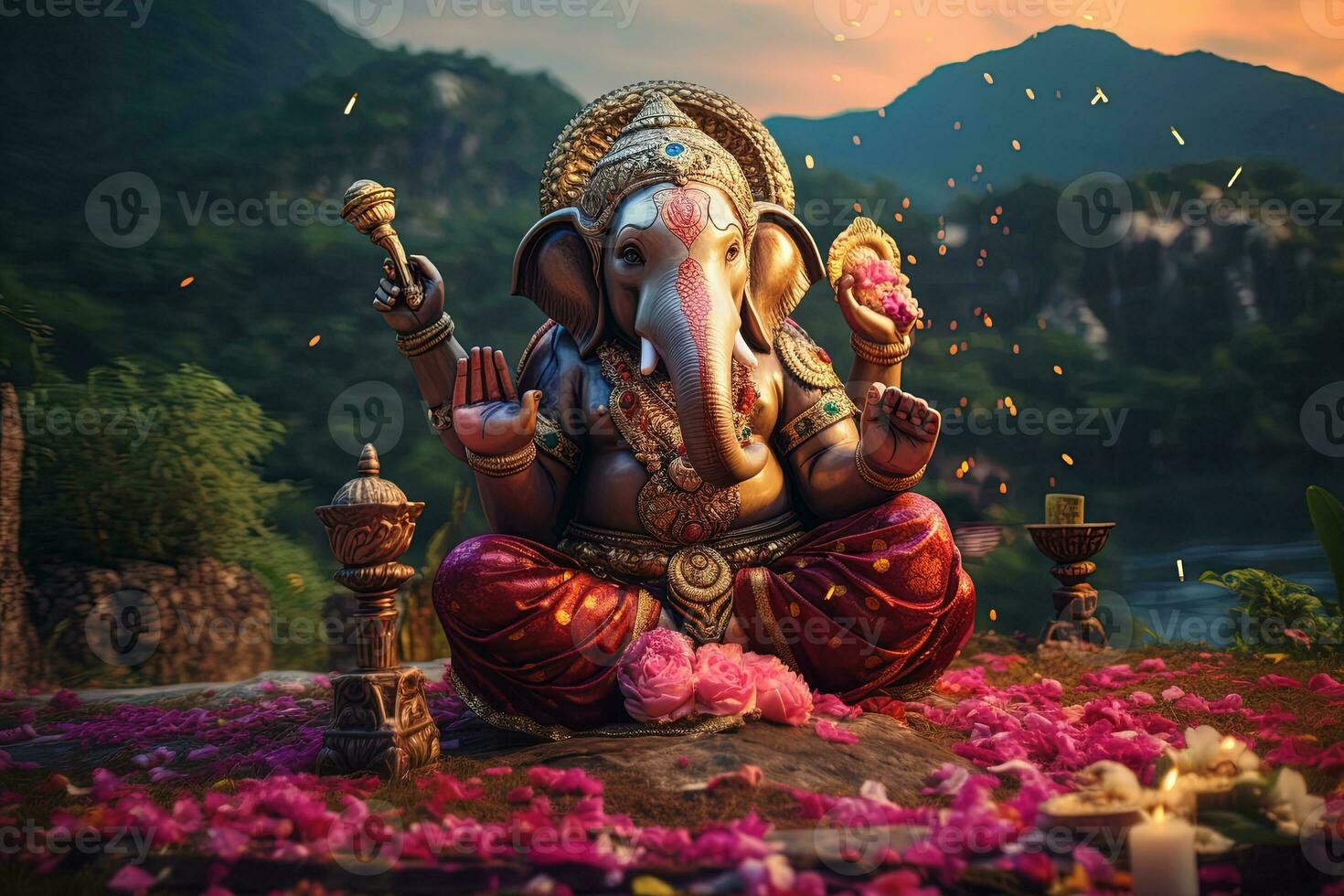 Hindu God Ganesha with flowers AI generated photo