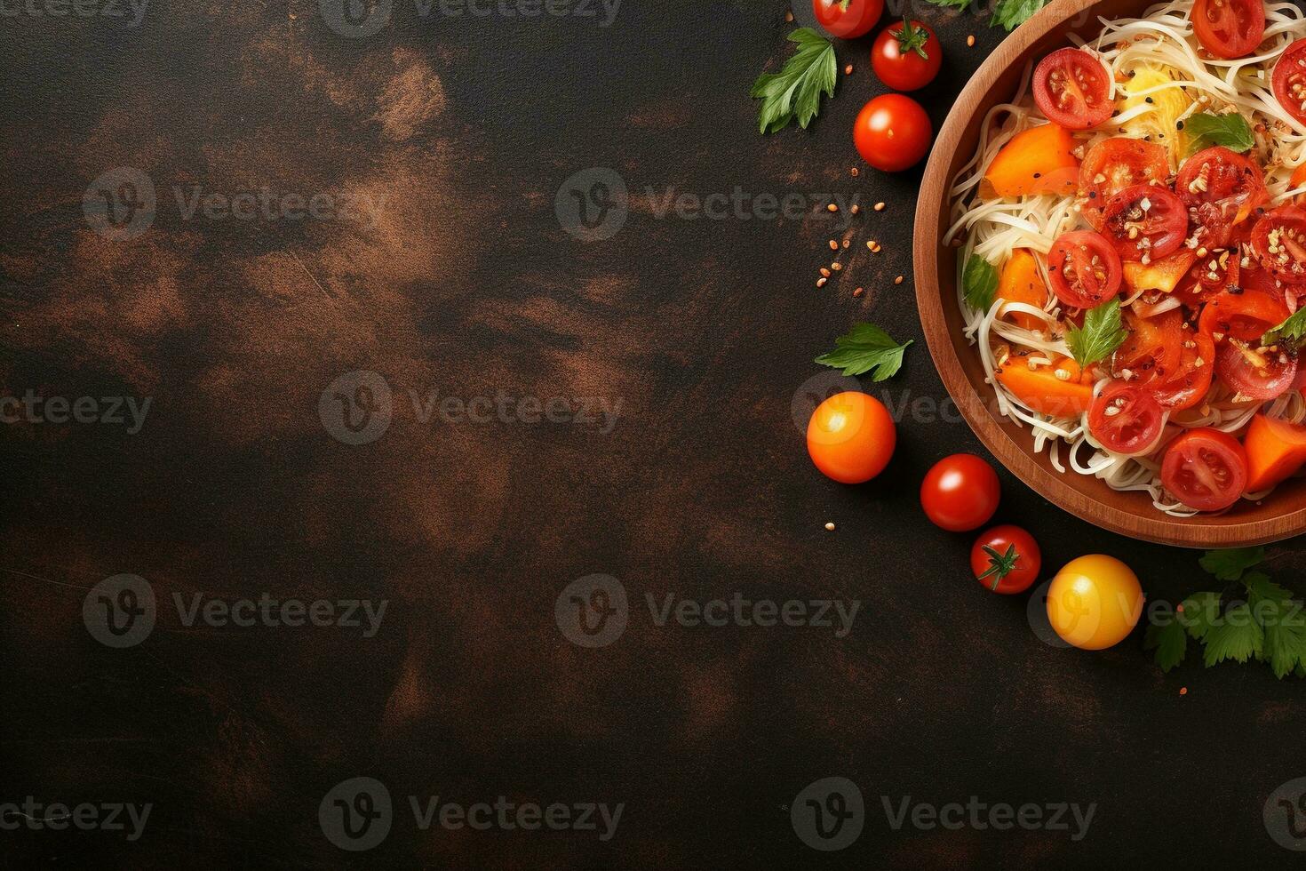 Thai food Som tum, Spicy green papaya salad.Top view AI generated photo