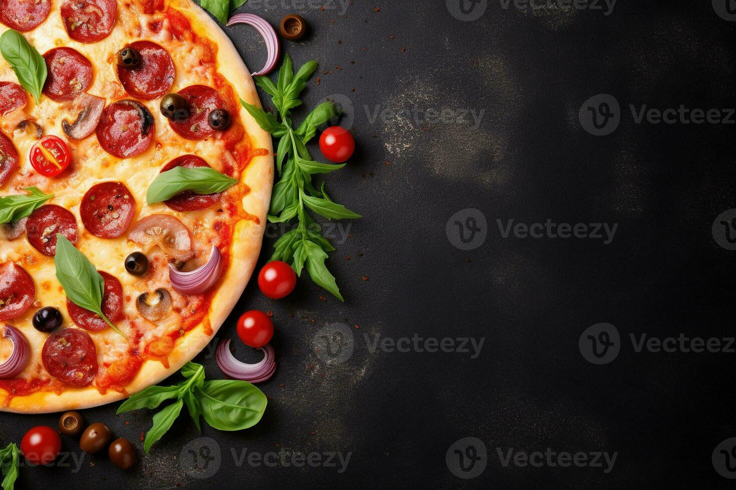 Pepperoni pizza on a Dark background. Top view with copy space. AI generated photo