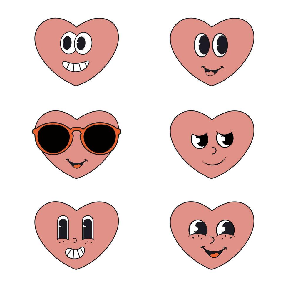Set of funny cartoon groovy style hearts vector