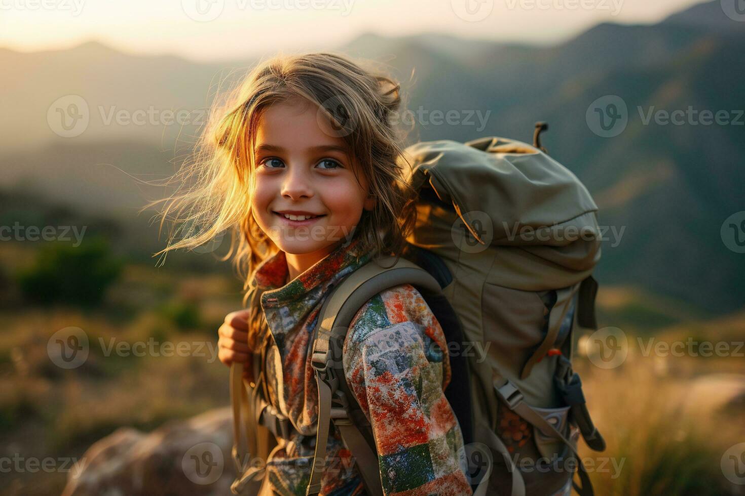 little girl with backpack hiking on mountain peak at sunset, travel and adventure concept AI generated photo