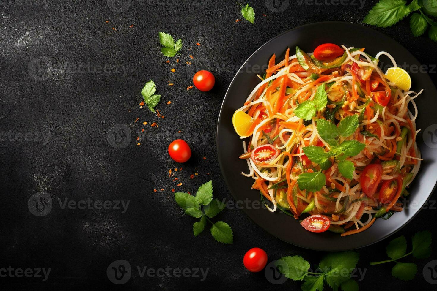 Thai food Som tum, Spicy green papaya salad.Top view AI generated photo