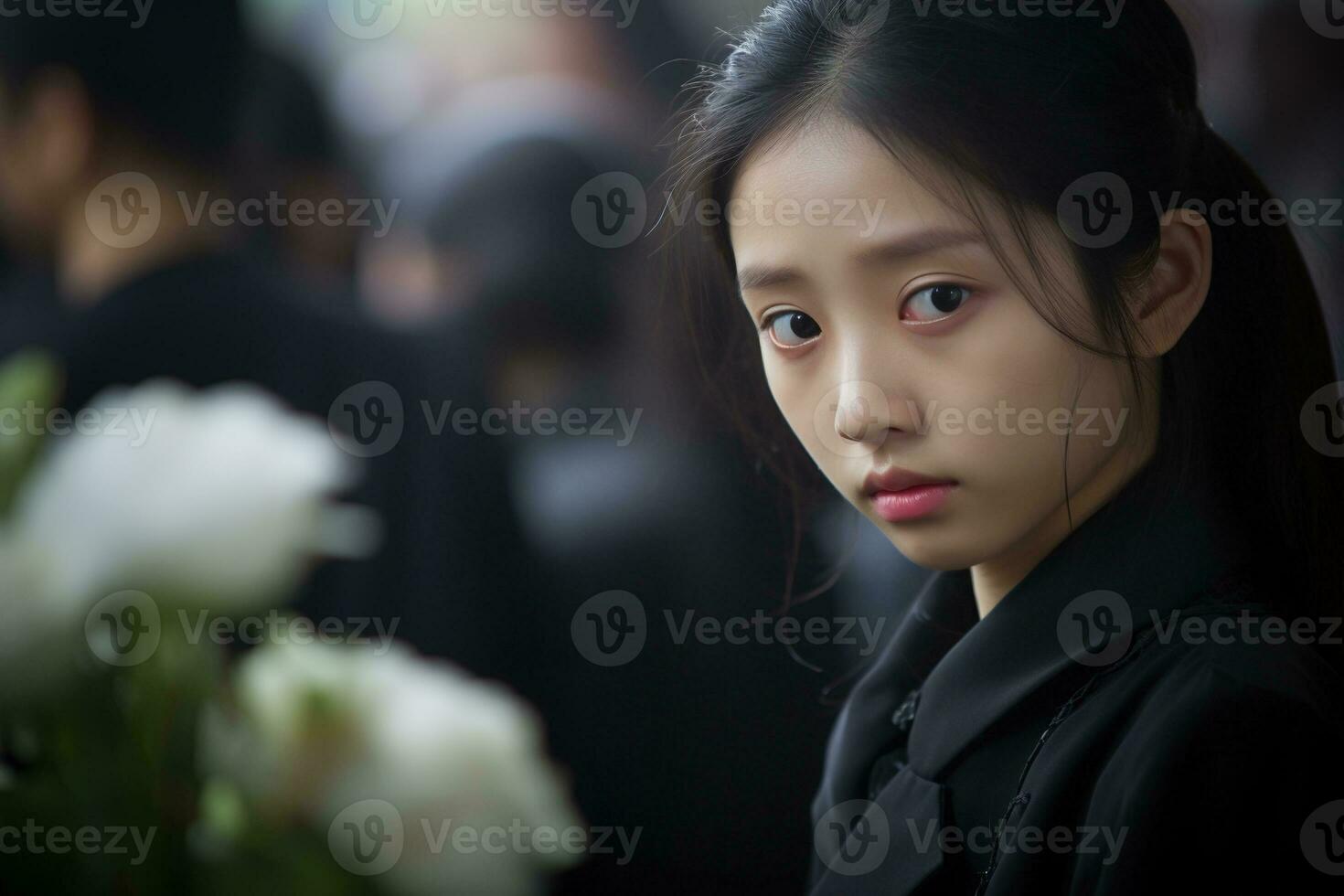 Portrait of a little asian girl with in the cemetery,Funeral Concept AI generated photo