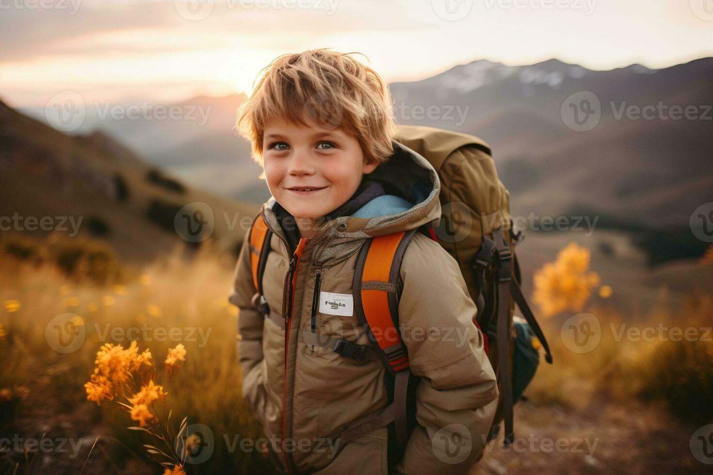 adorable pequeño chico con mochila excursionismo en montañas a puesta de sol. viaje y activo estilo de vida concepto ai generado foto