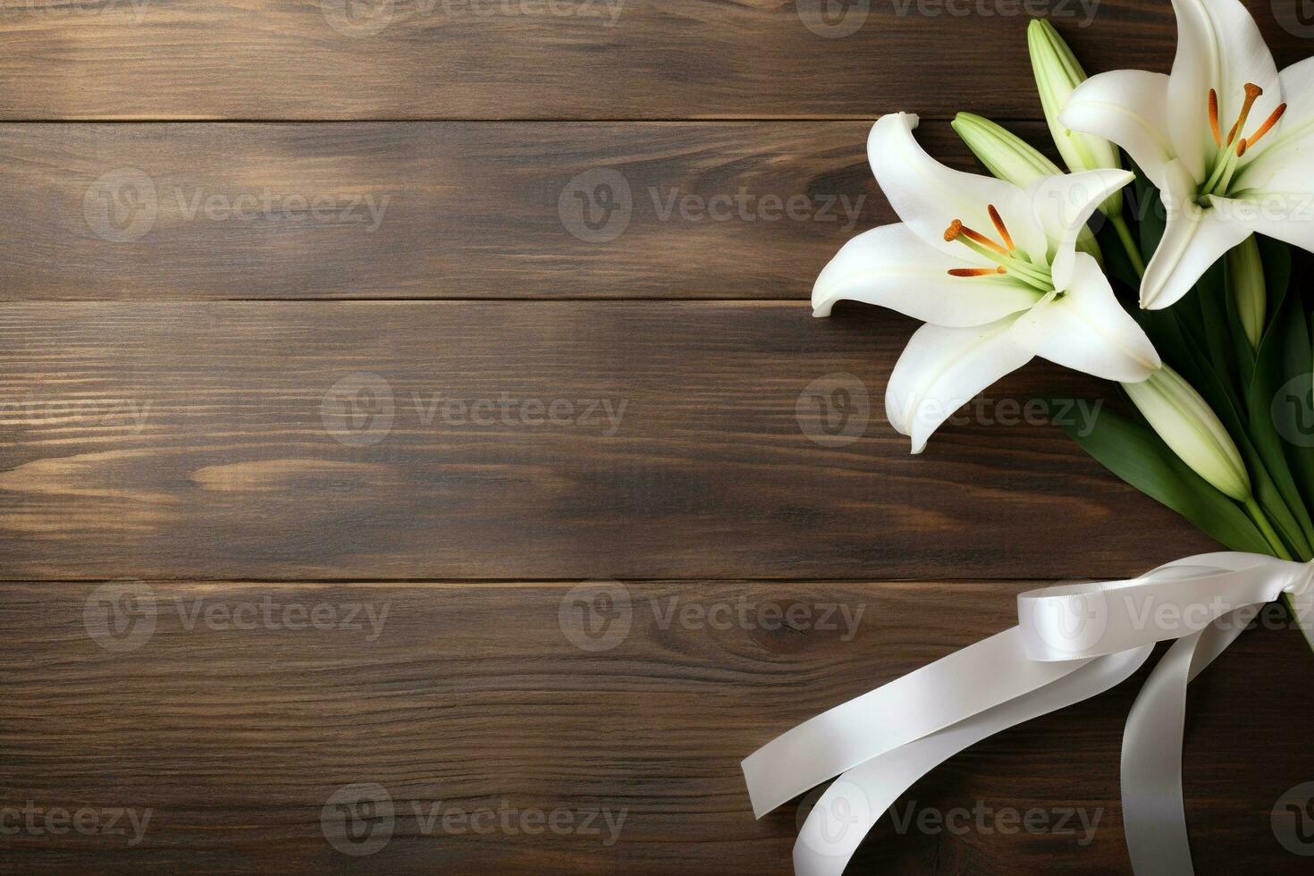 White lily flowers on wooden background. Top view with copy space.Funeral Concept AI generated photo