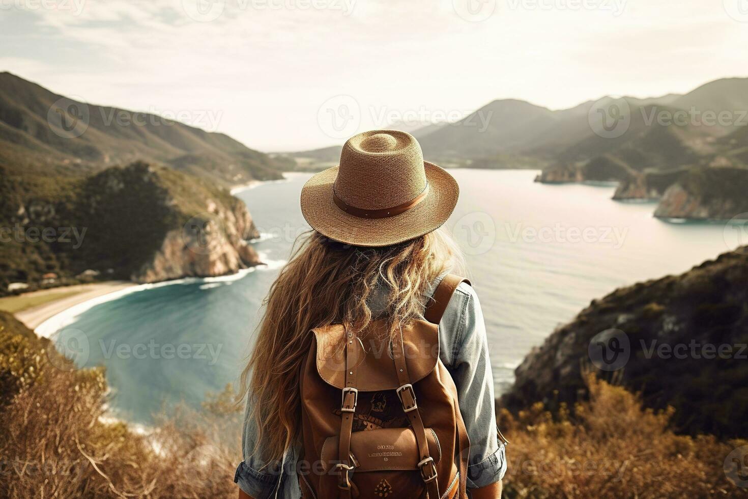 Young woman with backpack hiking in the mountains. Travel and adventure concept. AI generated photo