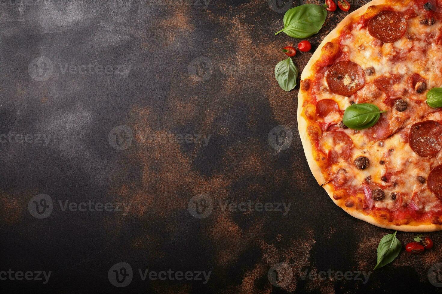 pepperoni Pizza en un oscuro antecedentes. parte superior ver con Copiar espacio. ai generado foto