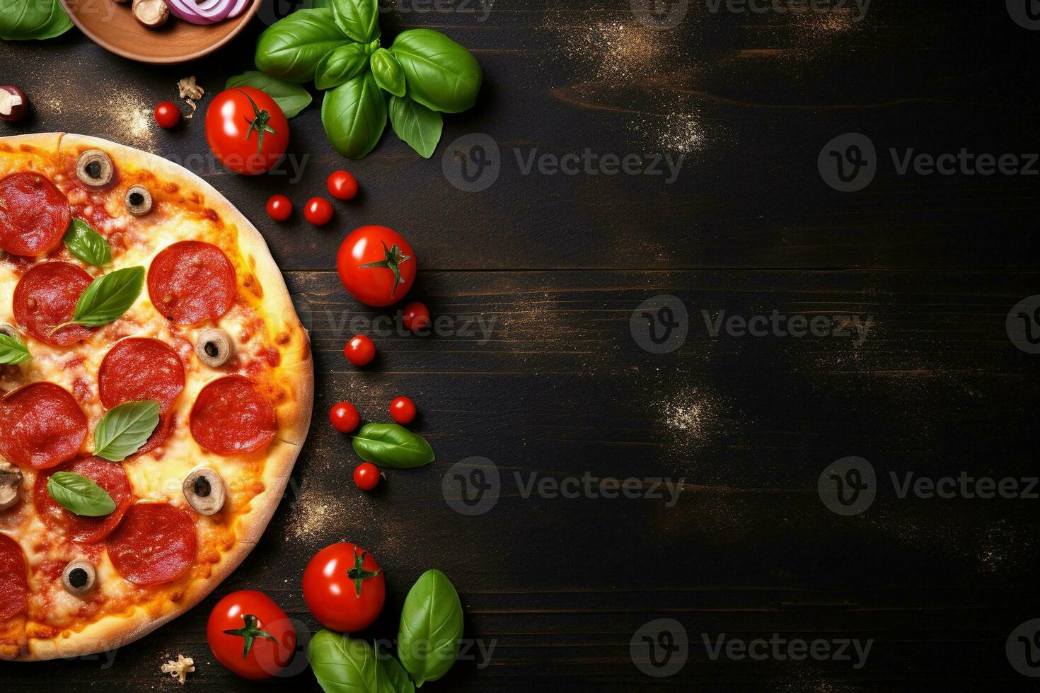 pepperoni Pizza en un oscuro antecedentes. parte superior ver con Copiar espacio. ai generado foto