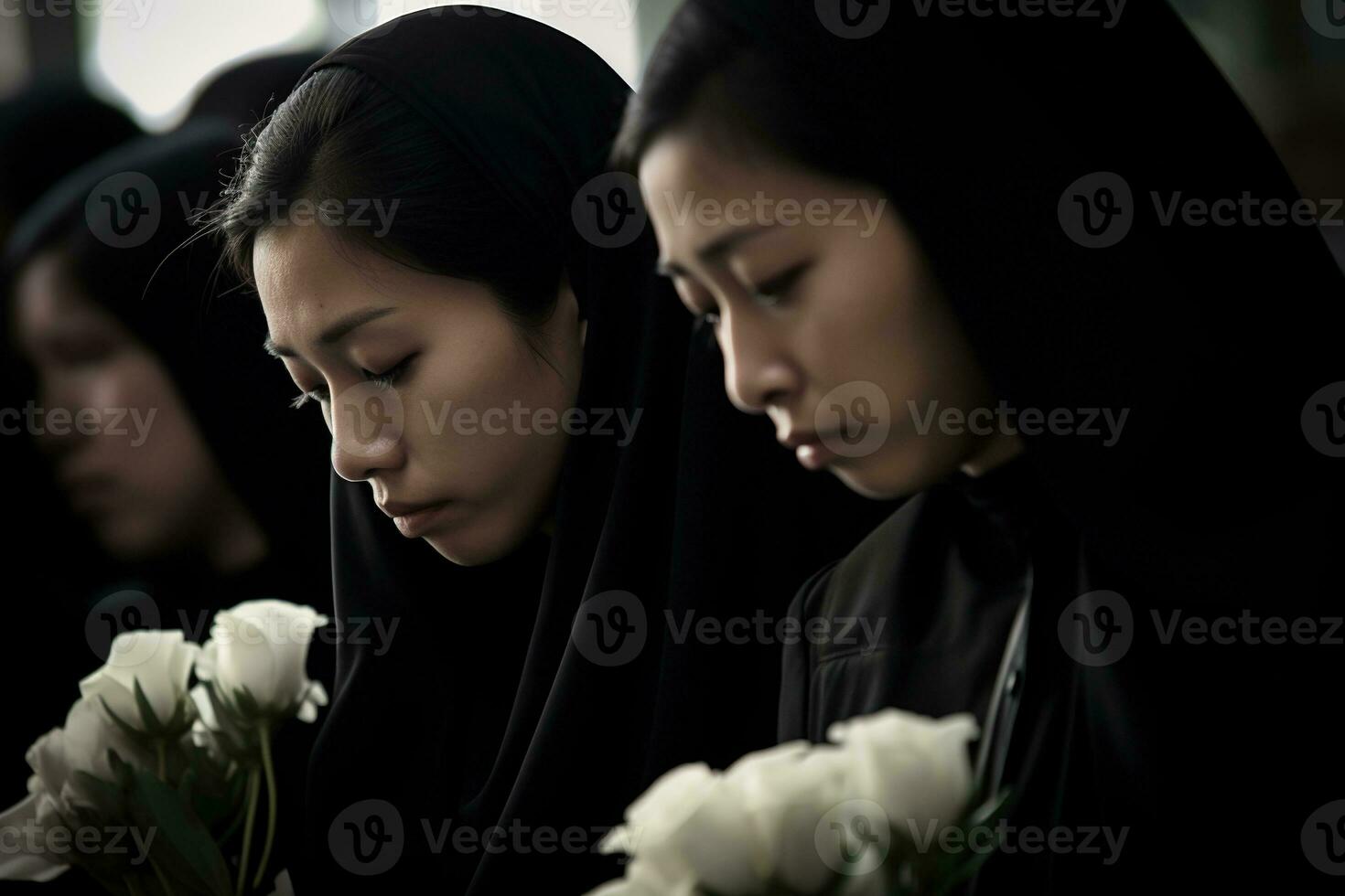 Asian woman in mourning at a funeral, shallow depth of field.Funeral Concept AI generated photo