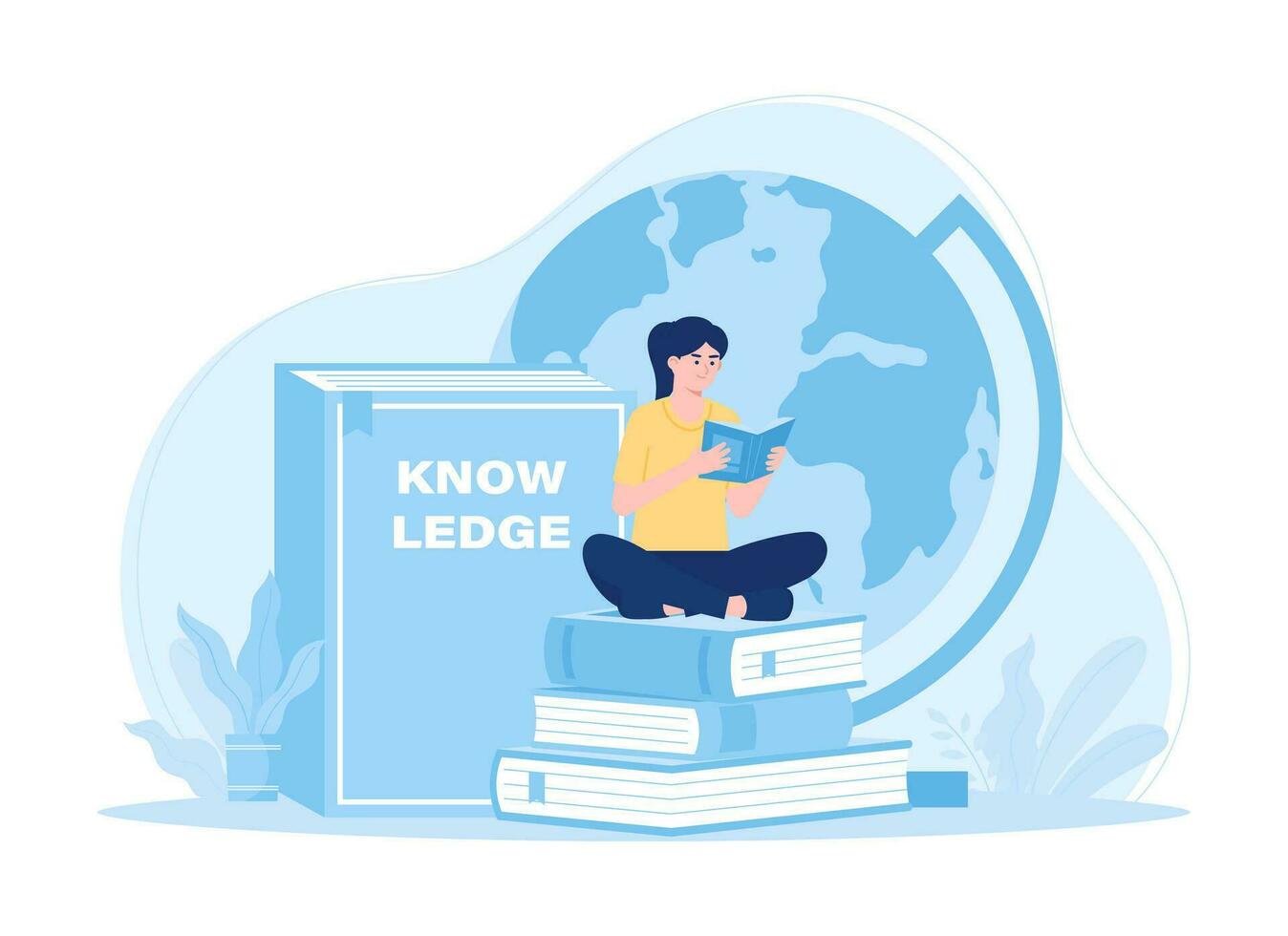 A woman sits on books  a globe and a book of knowledge concept flat illustration vector