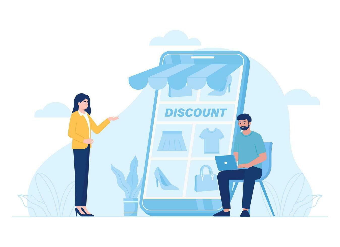 S man sitting on a chair is shopping online using a laptop concept flat illustration vector