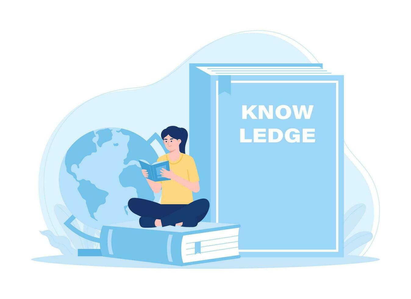 A woman sits on books  a globe and a book of knowledge concept flat illustration vector