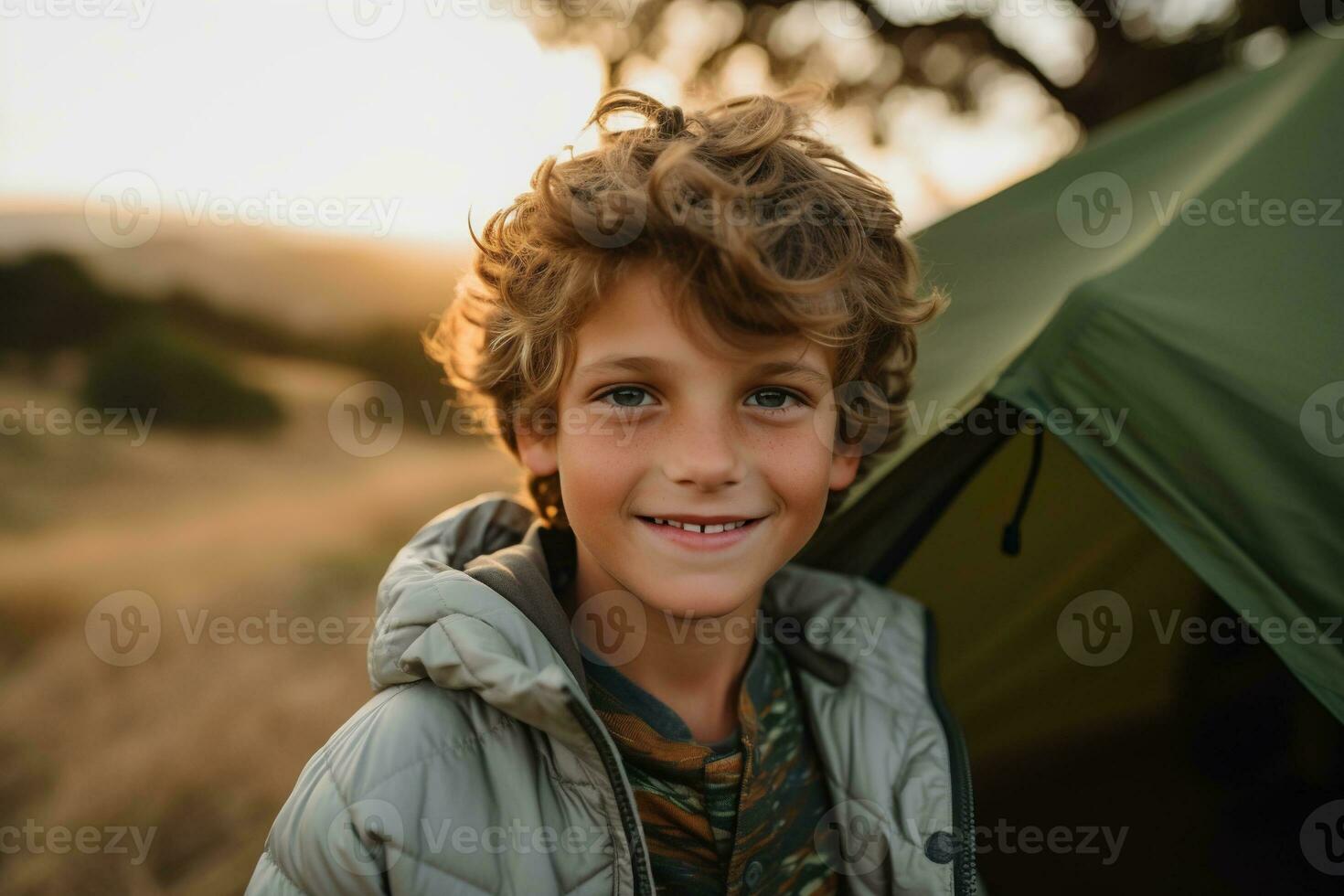 retrato de un linda chico mirando a cámara mientras cerca su tienda en naturaleza ai generado foto