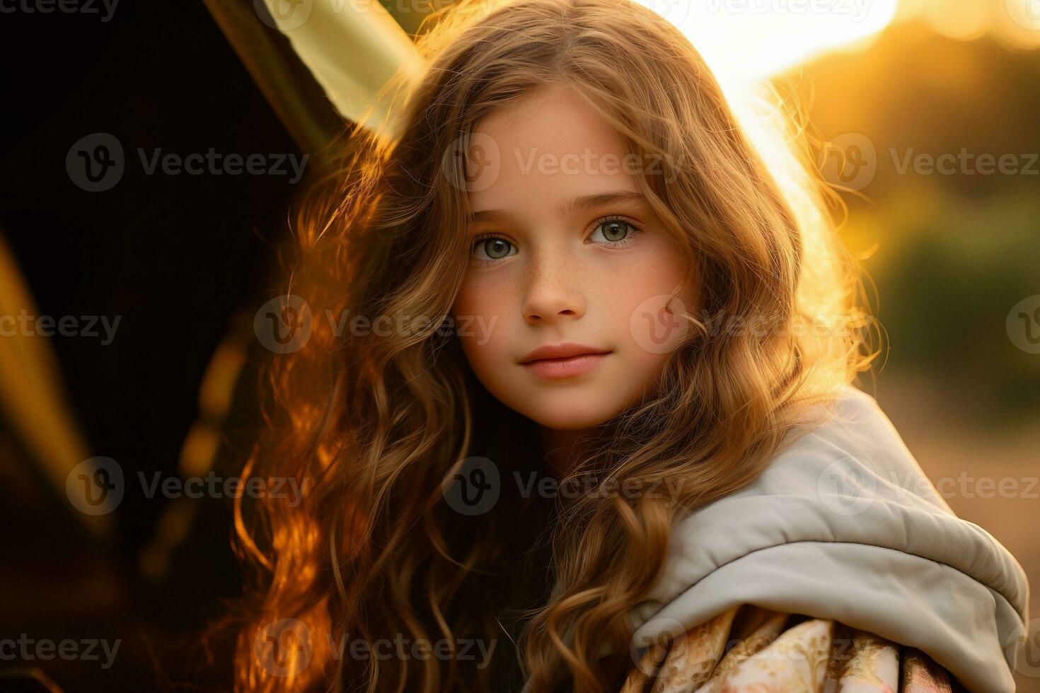 Portrait of cute little girl at camera while standing near camping tent at sunset AI generated photo