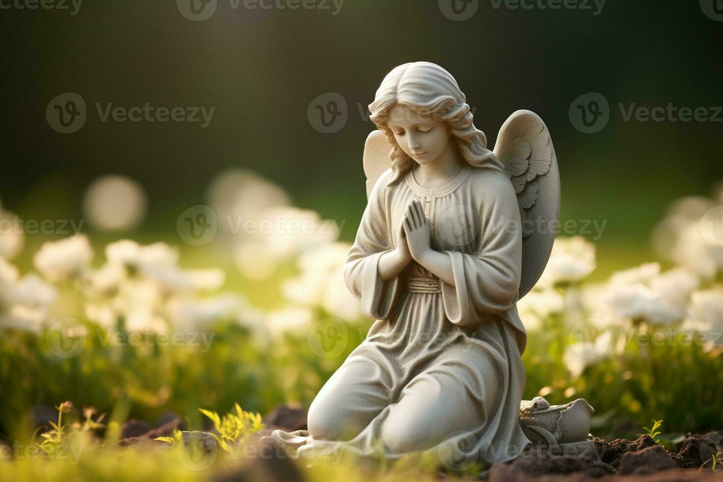 Angel statue with white roses in the cemetery.Religious background AI generated photo