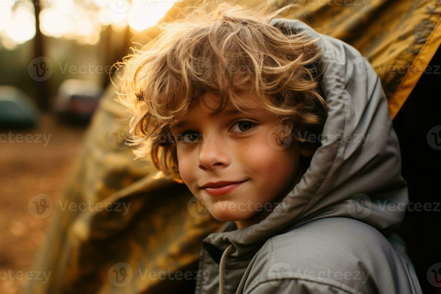 Portrait of a cute boy looking at camera while near his tent in nature AI generated photo