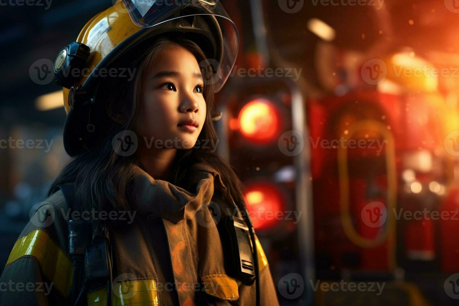 Portrait of a cute little asian girl wearing a firefighter uniform AI generated photo