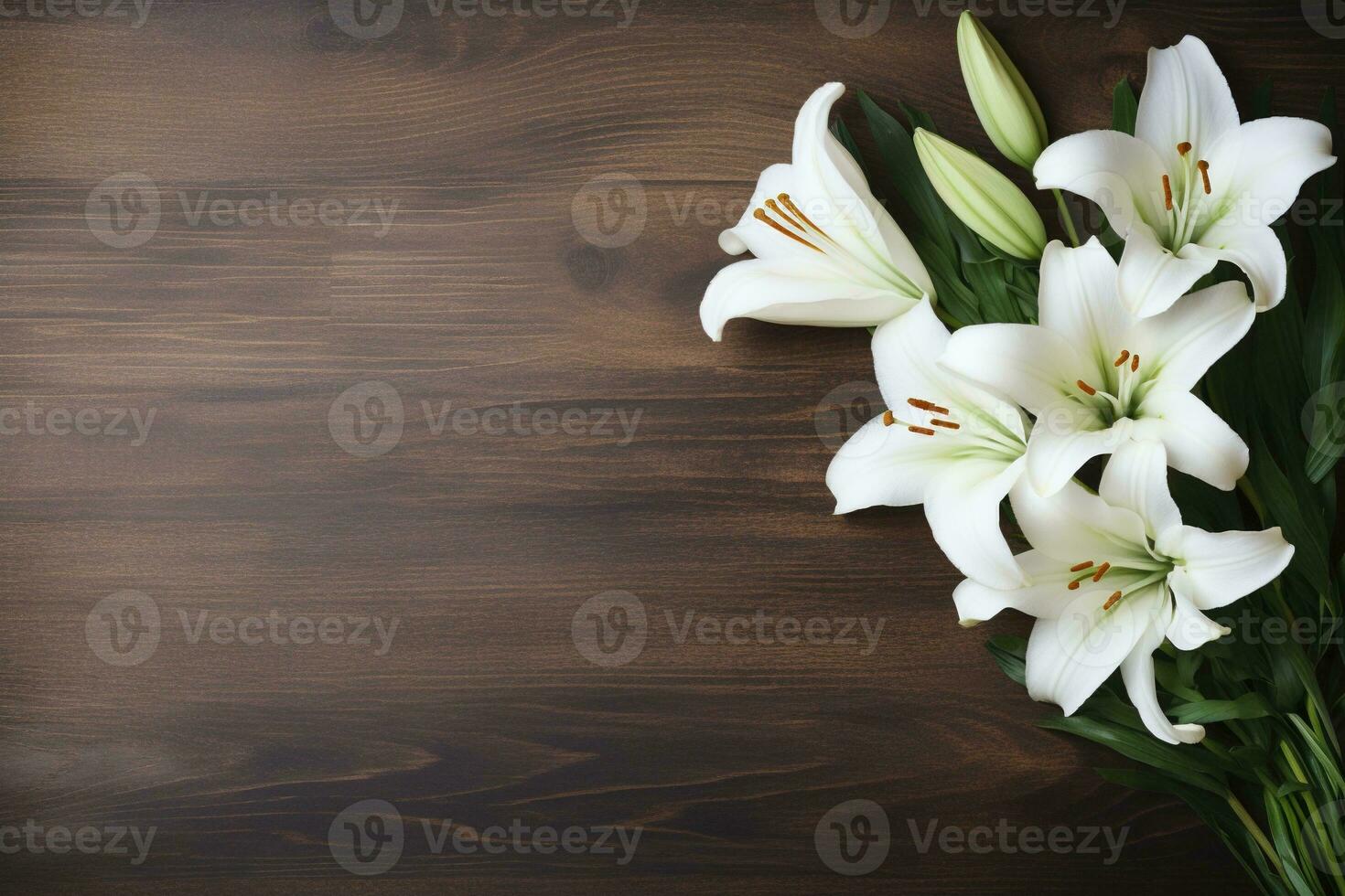 White lily flowers on wooden background. Top view with copy space.Funeral Concept AI generated photo