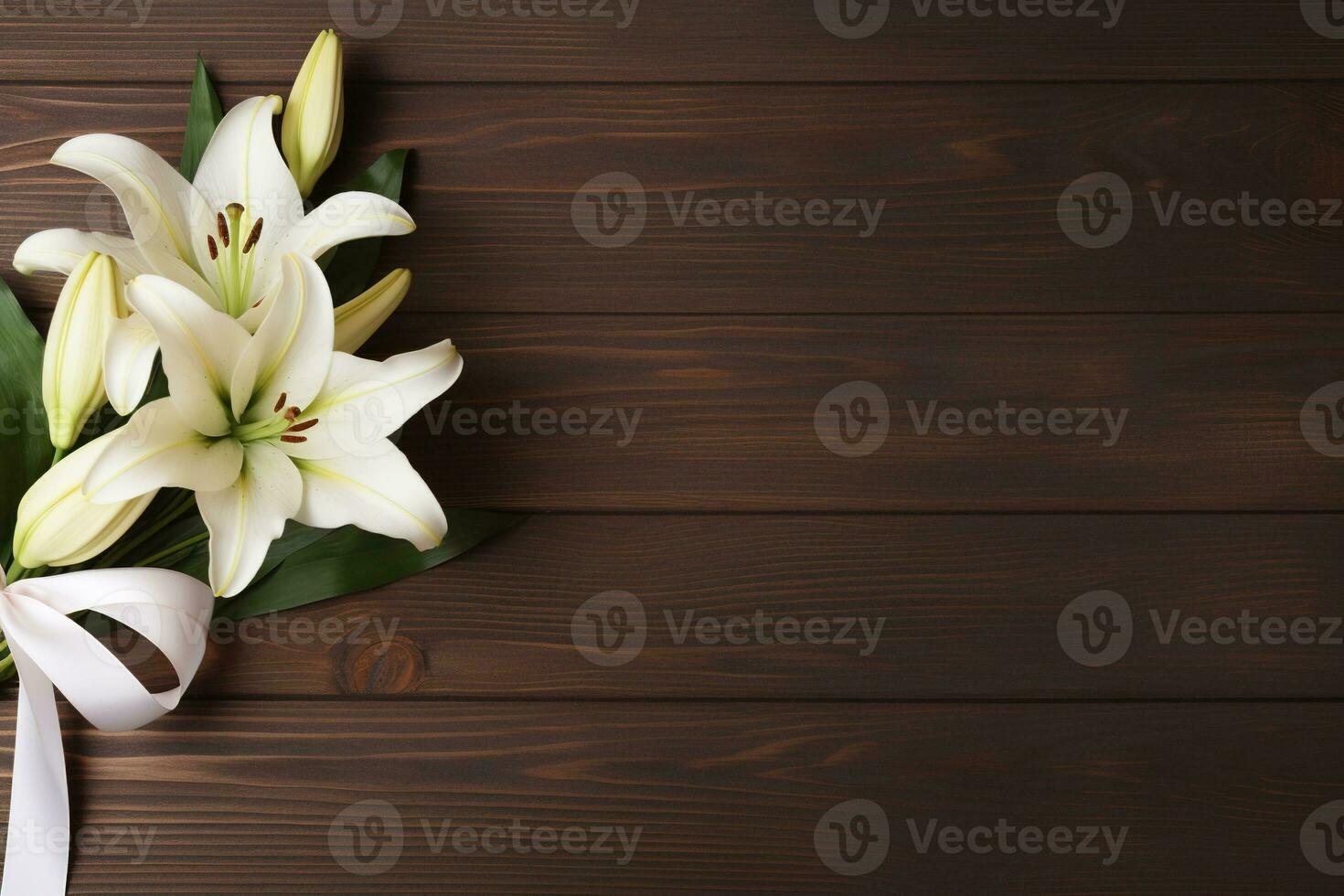 White lily flowers on wooden background. Top view with copy space.Funeral Concept AI generated photo