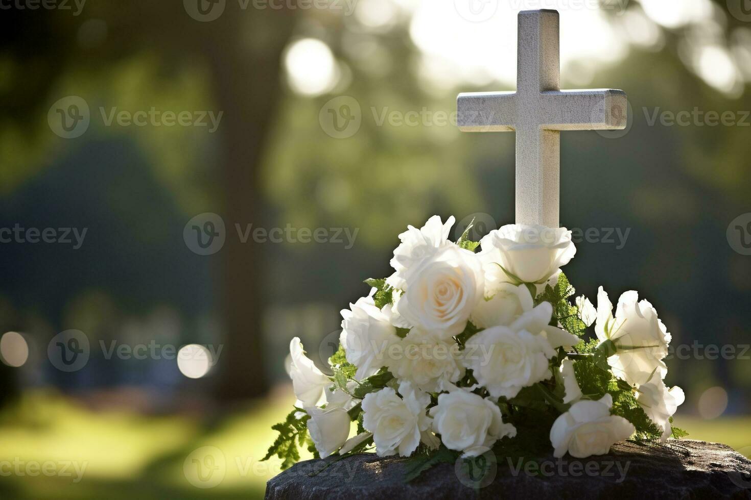 blanco flores en frente de un lápida sepulcral a un cementerio con atardecer.funeral concepto ai generado foto