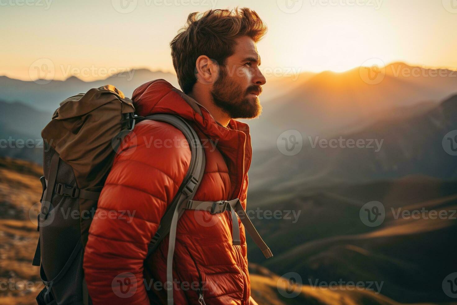 Handsome young man with backpack hiking in the mountains at sunset AI generated photo