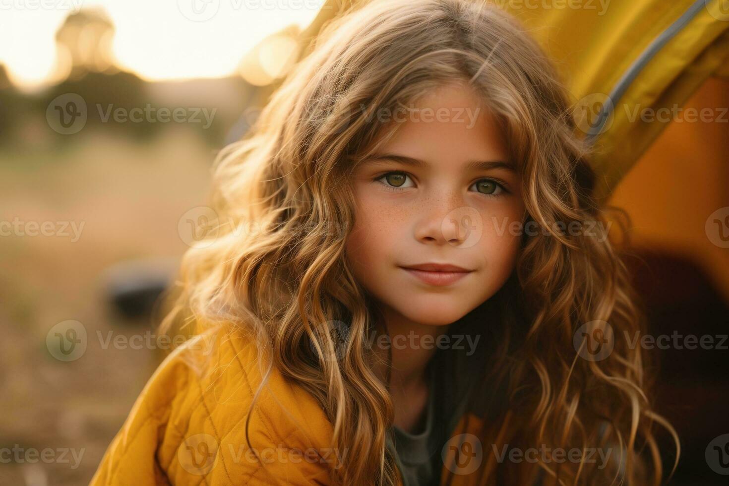 Portrait of cute little girl at camera while standing near camping tent at sunset AI generated photo
