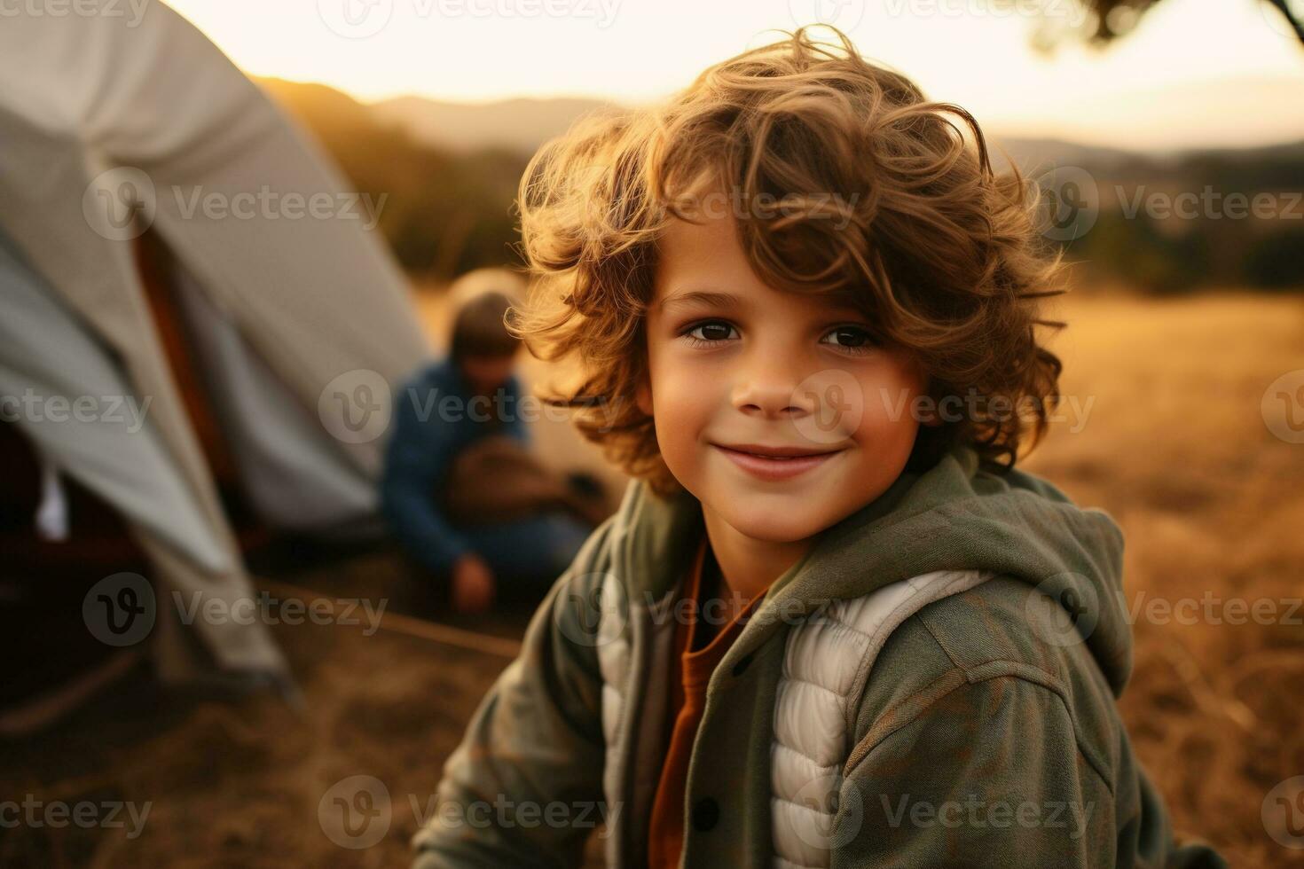 Portrait of a cute boy looking at camera while near his tent in nature AI generated photo