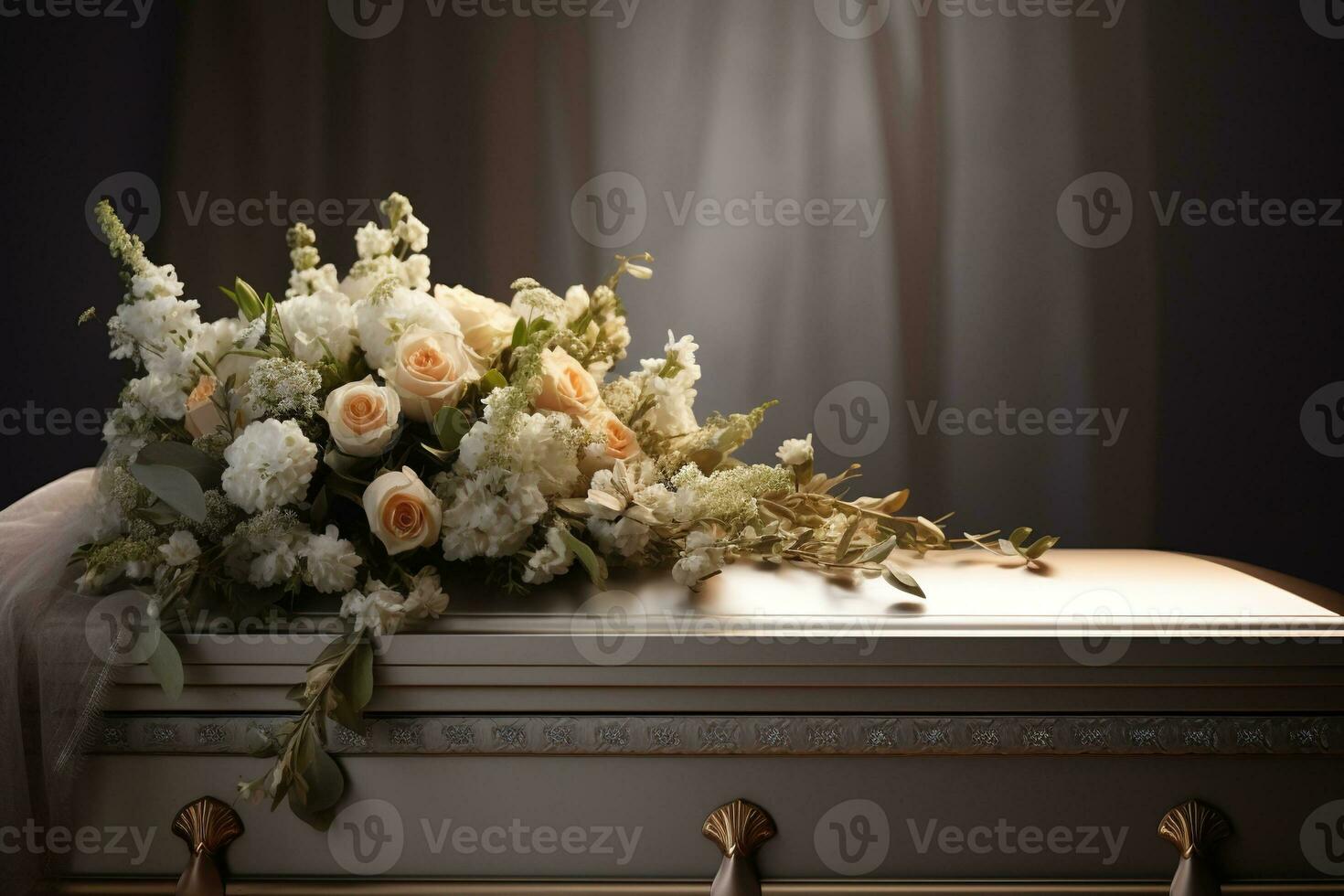 White coffin with flowers. The concept of funeral. AI generated photo