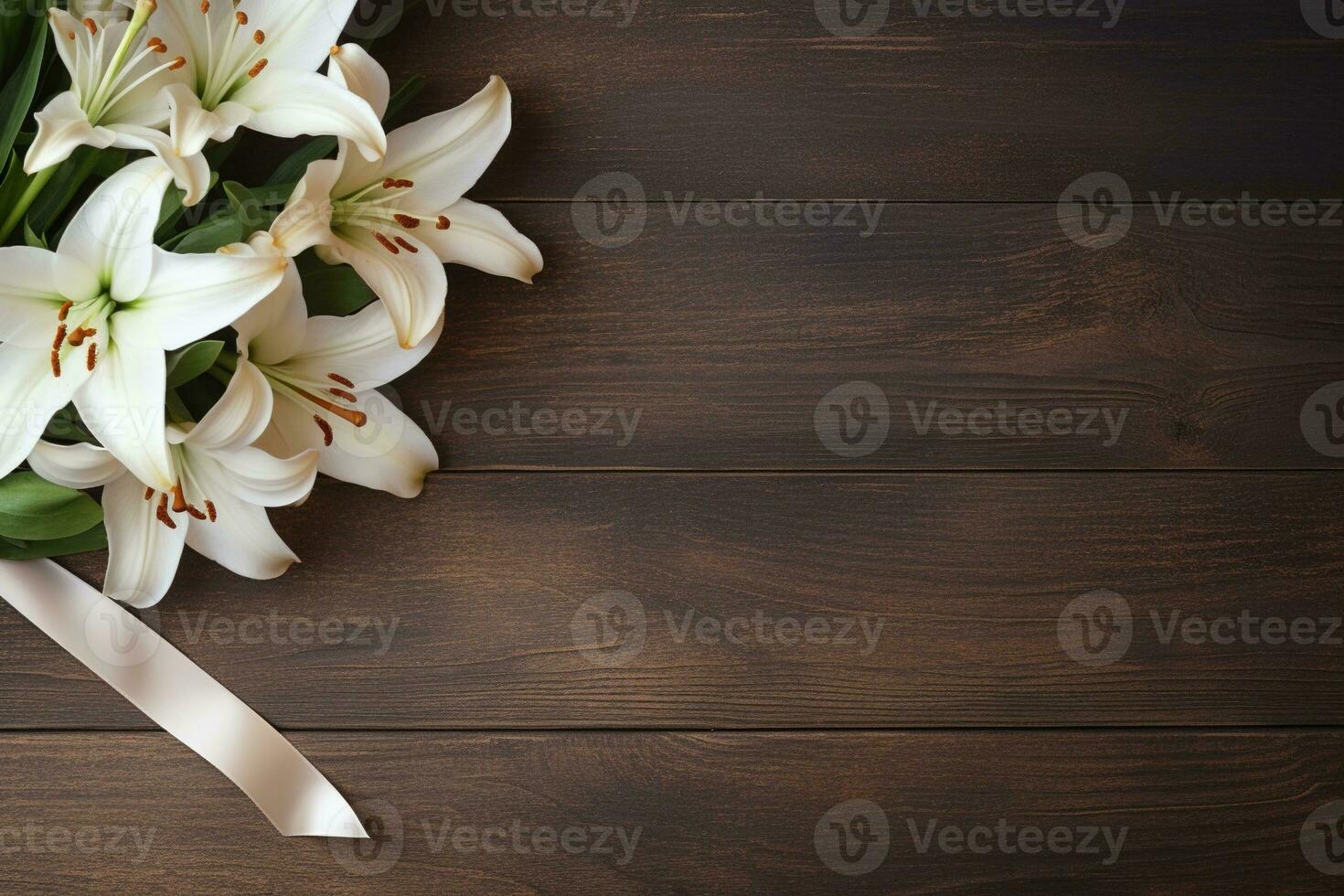 White lily flowers on wooden background. Top view with copy space.Funeral Concept AI generated photo