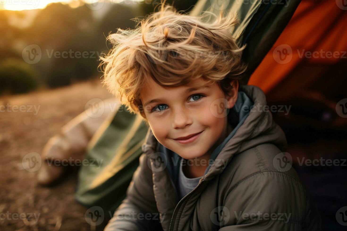 retrato de un linda chico mirando a cámara mientras cerca su tienda en naturaleza ai generado foto